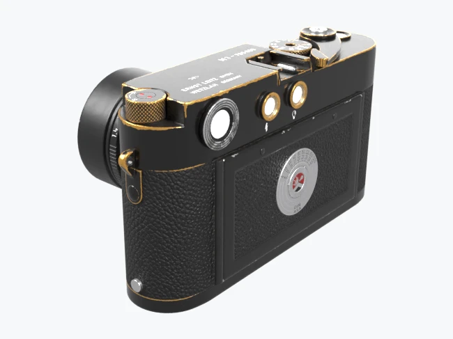A black and brass rangefinder camera with its lens, rendered in Blender on a white background