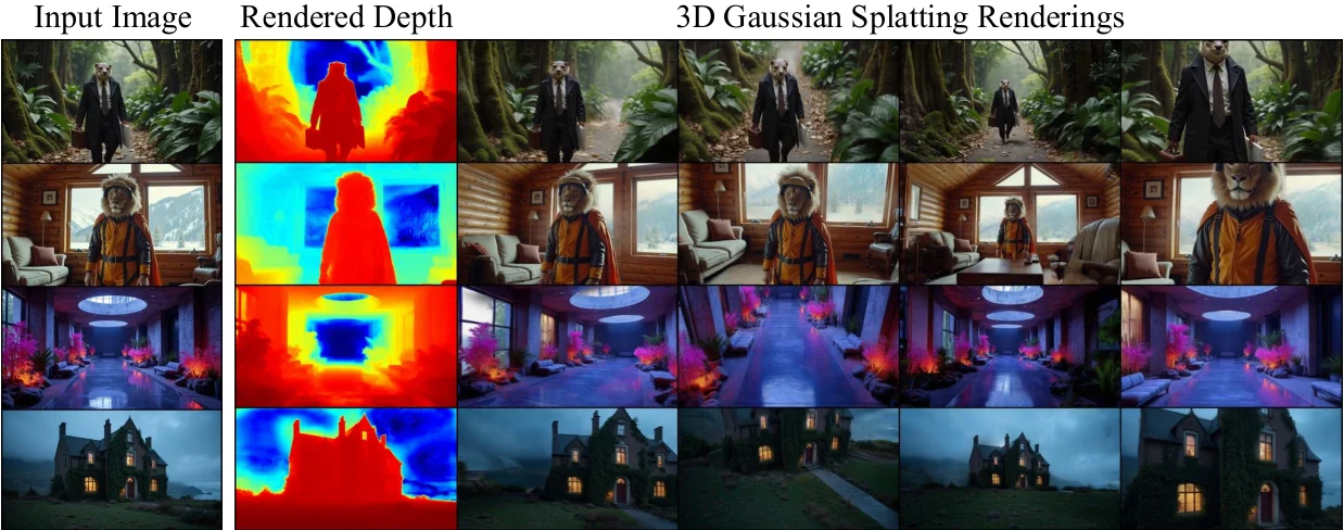 Four rows of images: on the left a single input image (an animal in a suit in a forest, a lion in a chalet, a futuristic hall, a manor at dusk), then its estimated depth, then four views of the 3D scene generated from it as Gaussian splats, seen from other angles