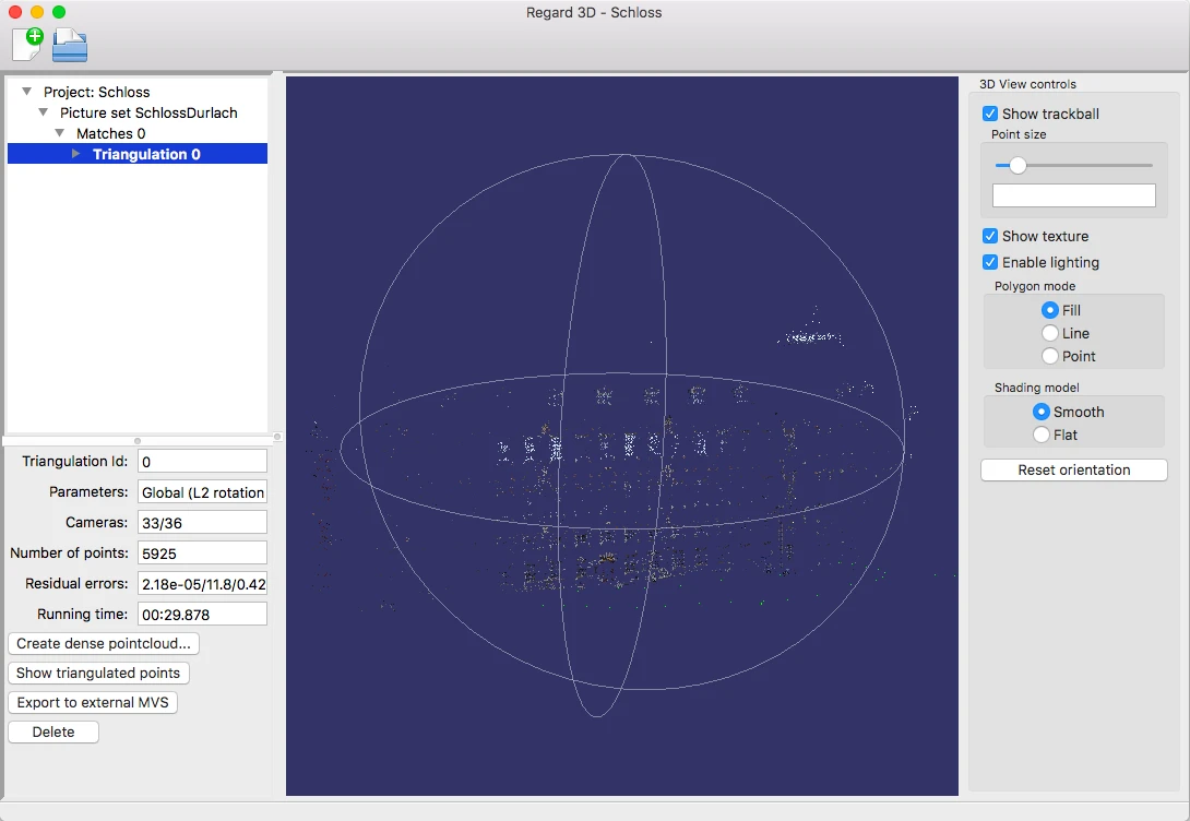 Screenshot of the Regard3D software: a sparse cloud of white points outlining a castle facade on a dark blue background, with 33 of 36 cameras solved and 5,925 points