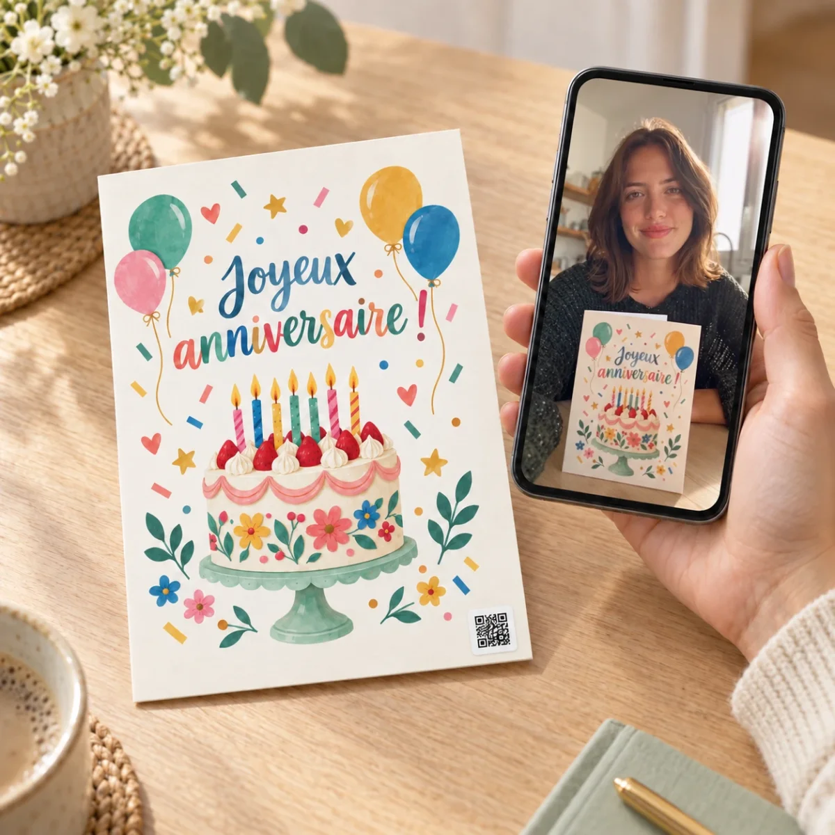 A hand holding a phone that plays a personal video message, above a printed greeting card carrying a QR code sticker