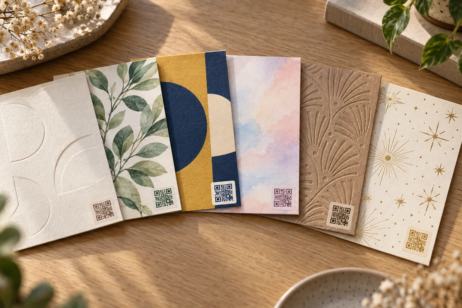 Six printed greeting cards in six different design styles, each carrying its own QR code sticker